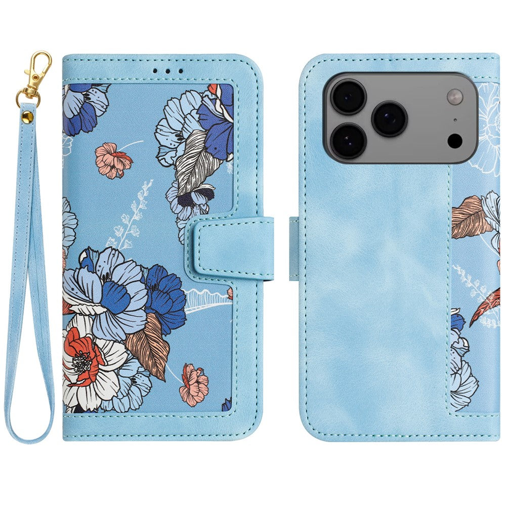 For iPhone 17 Pro Max Case PU Leather Floral Phone Cover with Card Slots / Wrist Strap - Baby Blue