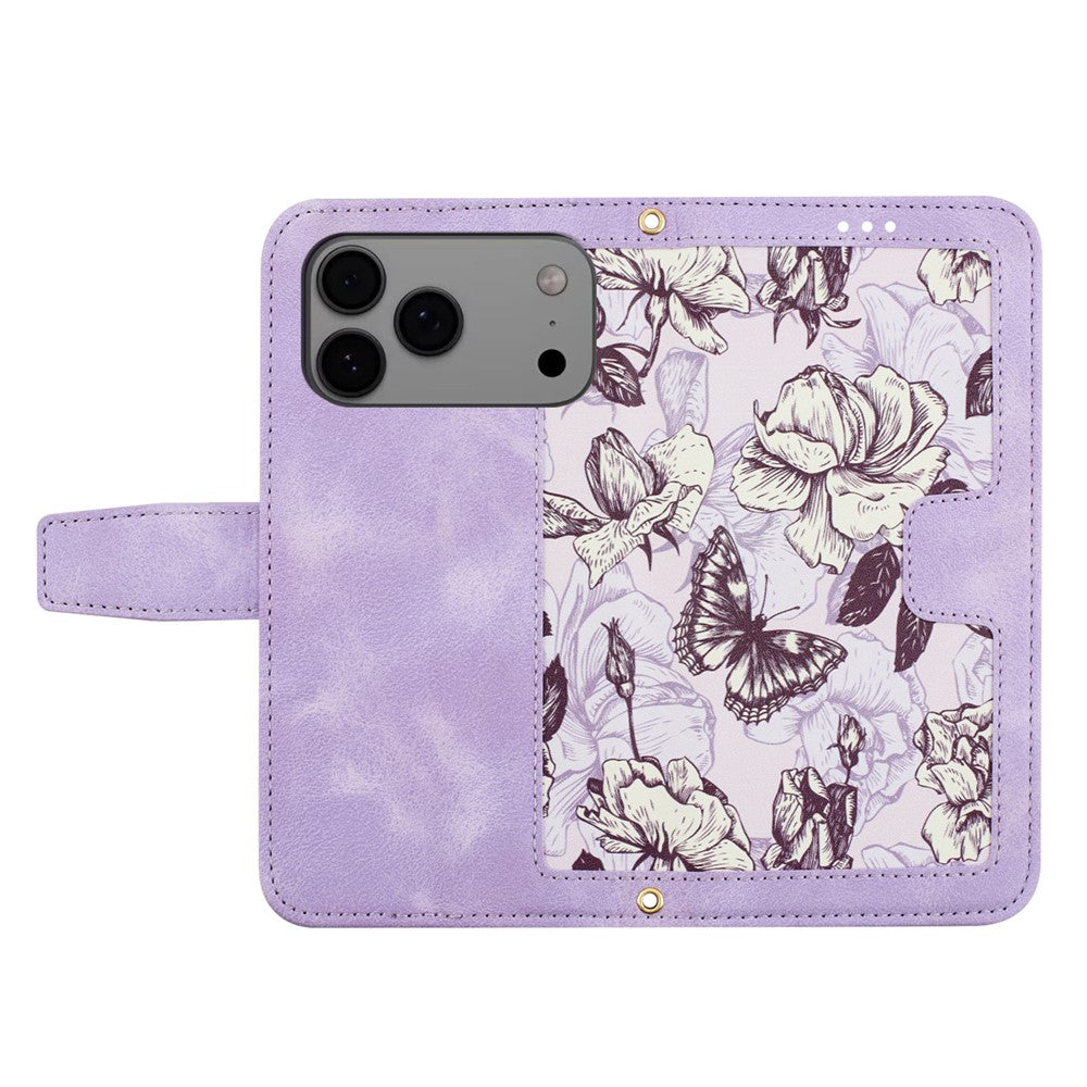 For iPhone 17 Pro Max Case PU Leather Floral Phone Cover with Card Slots / Wrist Strap - Light Purple