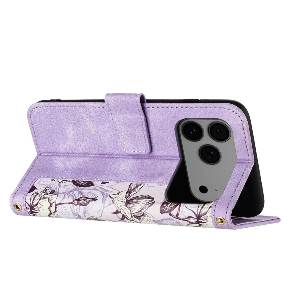 For iPhone 17 Pro Max Case PU Leather Floral Phone Cover with Card Slots / Wrist Strap - Light Purple