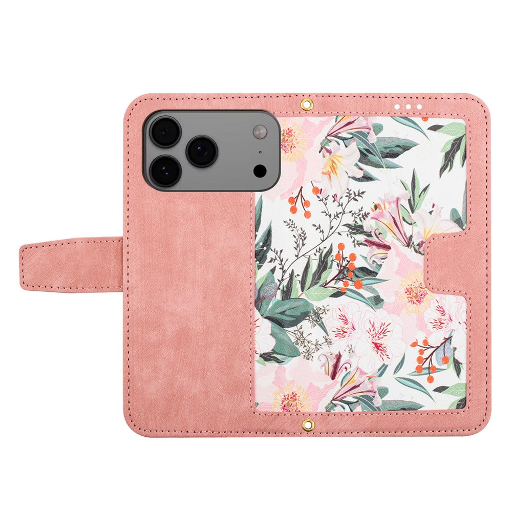 For iPhone 17 Pro Max Case PU Leather Floral Phone Cover with Card Slots / Wrist Strap - Pink