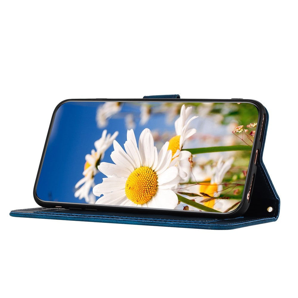 For iPhone 17 Pro Max Case PU Leather Floral Phone Cover with Card Slots / Wrist Strap - Dark Blue
