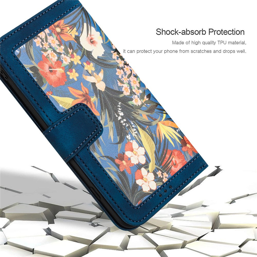 For iPhone 17 Pro Max Case PU Leather Floral Phone Cover with Card Slots / Wrist Strap - Dark Blue