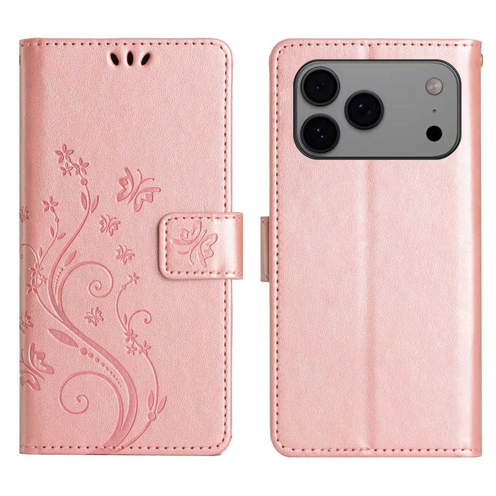 For iPhone 17 Pro Max Leather Wallet Case Butterfly Flower Imprinted Phone Cover with Strap - Rose Gold