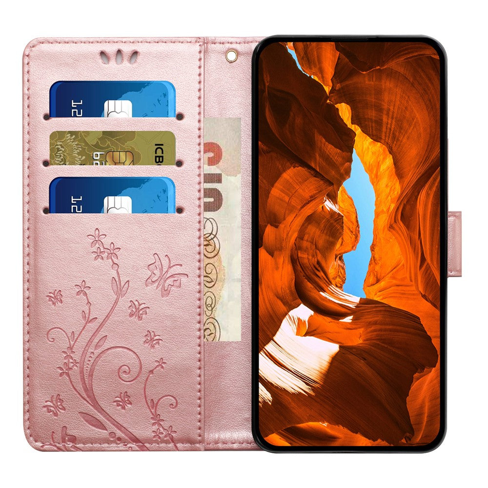 For iPhone 17 Pro Max Leather Wallet Case Butterfly Flower Imprinted Phone Cover with Strap - Rose Gold