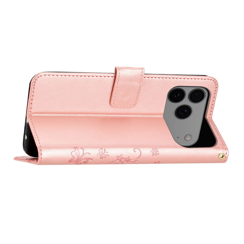 For iPhone 17 Pro Max Leather Wallet Case Butterfly Flower Imprinted Phone Cover with Strap - Rose Gold