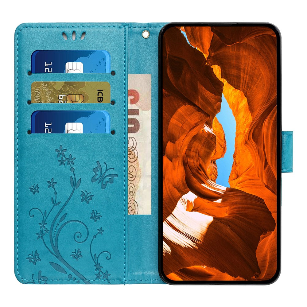 For iPhone 17 Pro Max Leather Wallet Case Butterfly Flower Imprinted Phone Cover with Strap - Blue