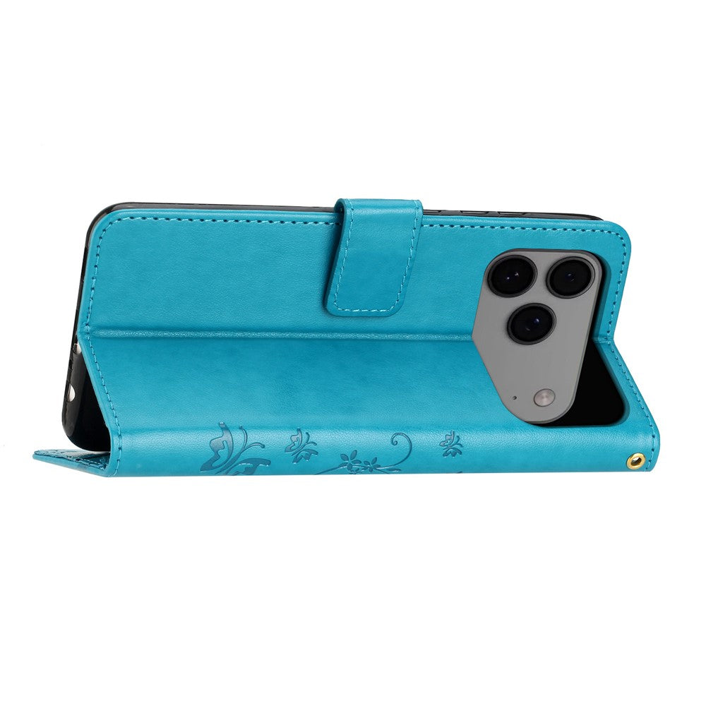 For iPhone 17 Pro Max Leather Wallet Case Butterfly Flower Imprinted Phone Cover with Strap - Blue