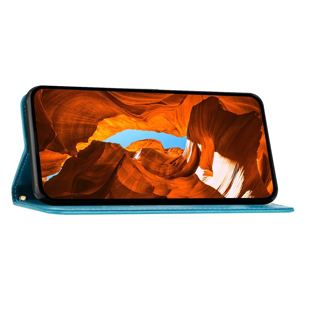 For iPhone 17 Pro Max Leather Wallet Case Butterfly Flower Imprinted Phone Cover with Strap - Blue