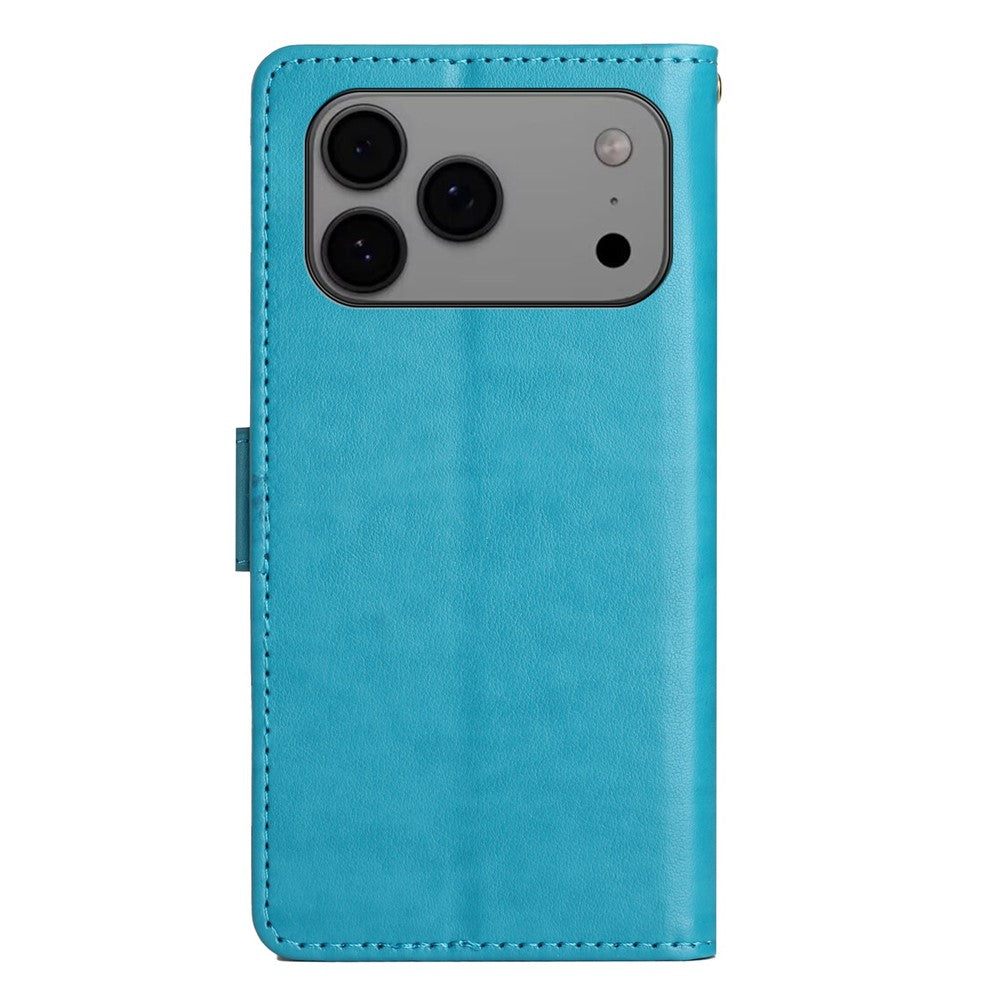 For iPhone 17 Pro Max Leather Wallet Case Butterfly Flower Imprinted Phone Cover with Strap - Blue