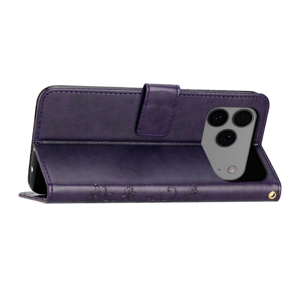 For iPhone 17 Pro Max Leather Wallet Case Butterfly Flower Imprinted Phone Cover with Strap - Dark Purple