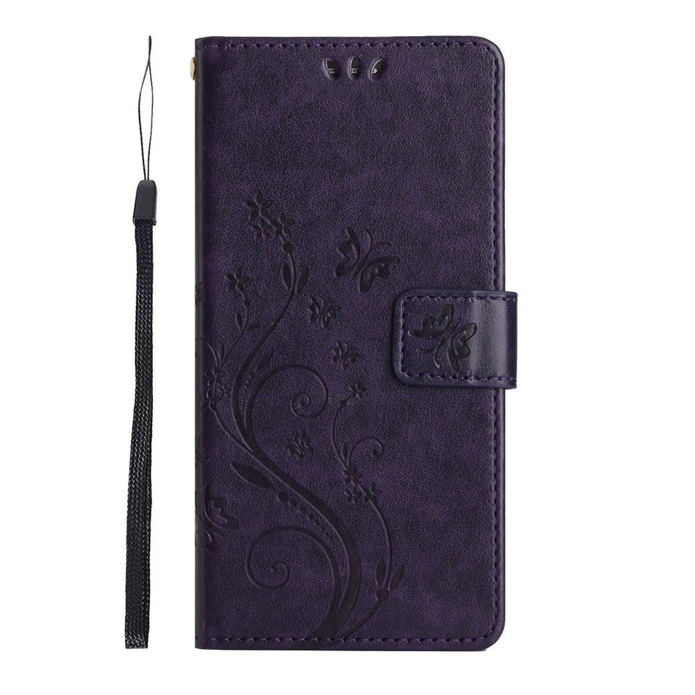 For iPhone 17 Pro Max Leather Wallet Case Butterfly Flower Imprinted Phone Cover with Strap - Dark Purple