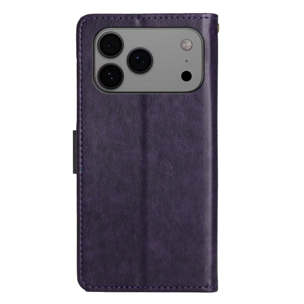 For iPhone 17 Pro Max Leather Wallet Case Butterfly Flower Imprinted Phone Cover with Strap - Dark Purple