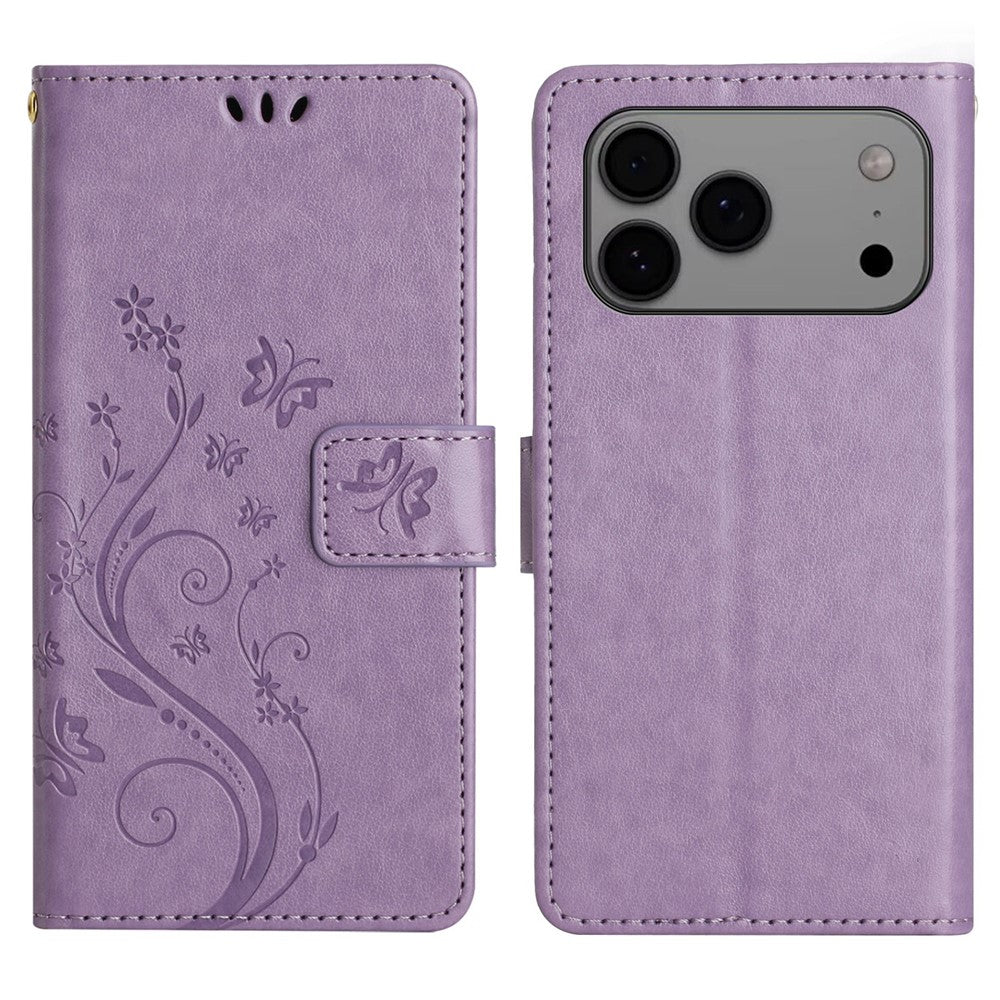 For iPhone 17 Pro Max Leather Wallet Case Butterfly Flower Imprinted Phone Cover with Strap - Light Purple