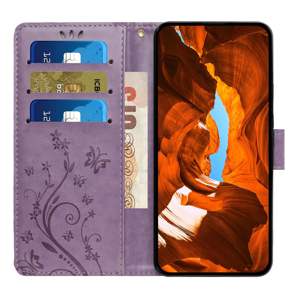 For iPhone 17 Pro Max Leather Wallet Case Butterfly Flower Imprinted Phone Cover with Strap - Light Purple