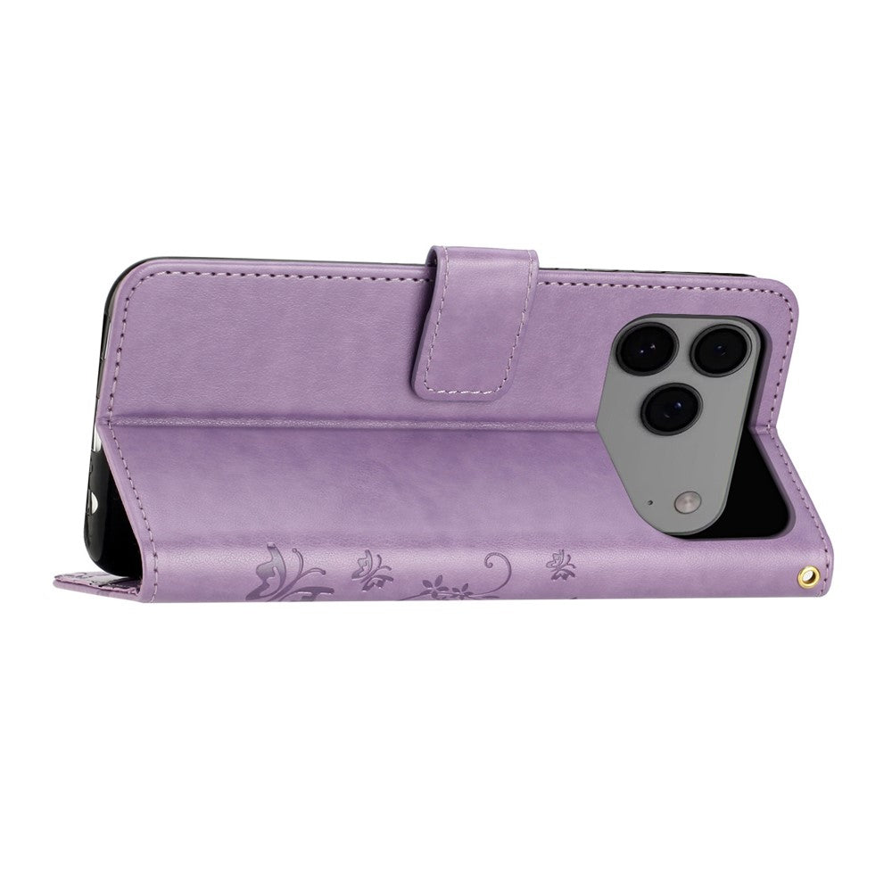 For iPhone 17 Pro Max Leather Wallet Case Butterfly Flower Imprinted Phone Cover with Strap - Light Purple