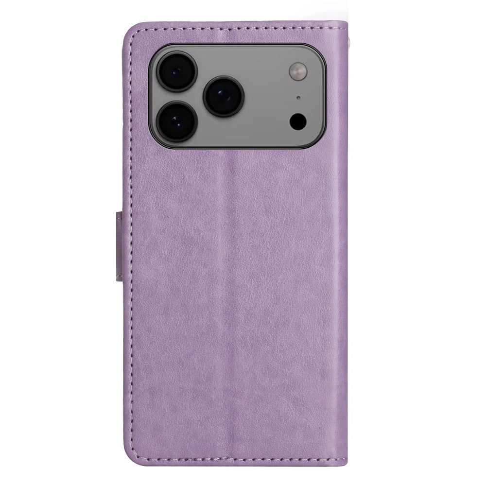 For iPhone 17 Pro Max Leather Wallet Case Butterfly Flower Imprinted Phone Cover with Strap - Light Purple