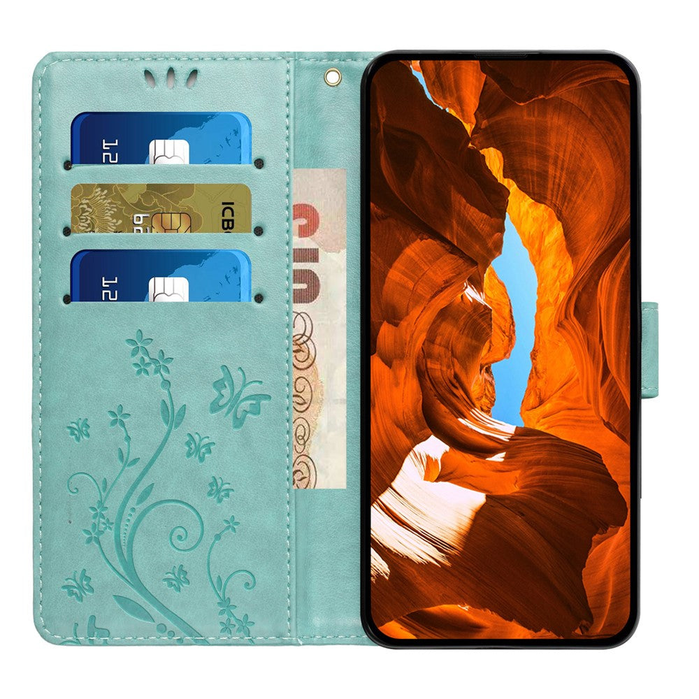 For iPhone 17 Pro Max Leather Wallet Case Butterfly Flower Imprinted Phone Cover with Strap - Green