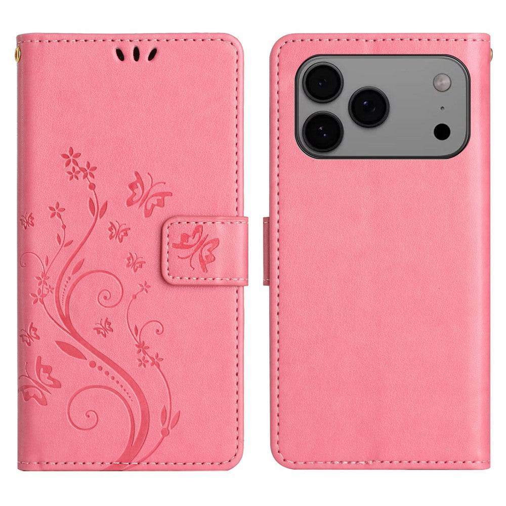 For iPhone 17 Pro Max Leather Wallet Case Butterfly Flower Imprinted Phone Cover with Strap - Pink