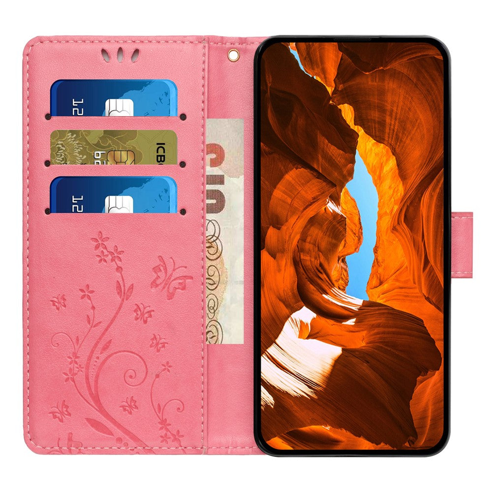 For iPhone 17 Pro Max Leather Wallet Case Butterfly Flower Imprinted Phone Cover with Strap - Pink