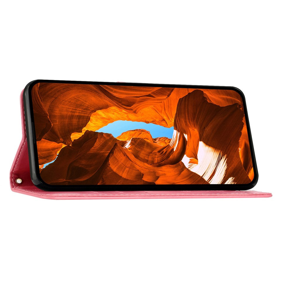 For iPhone 17 Pro Max Leather Wallet Case Butterfly Flower Imprinted Phone Cover with Strap - Pink