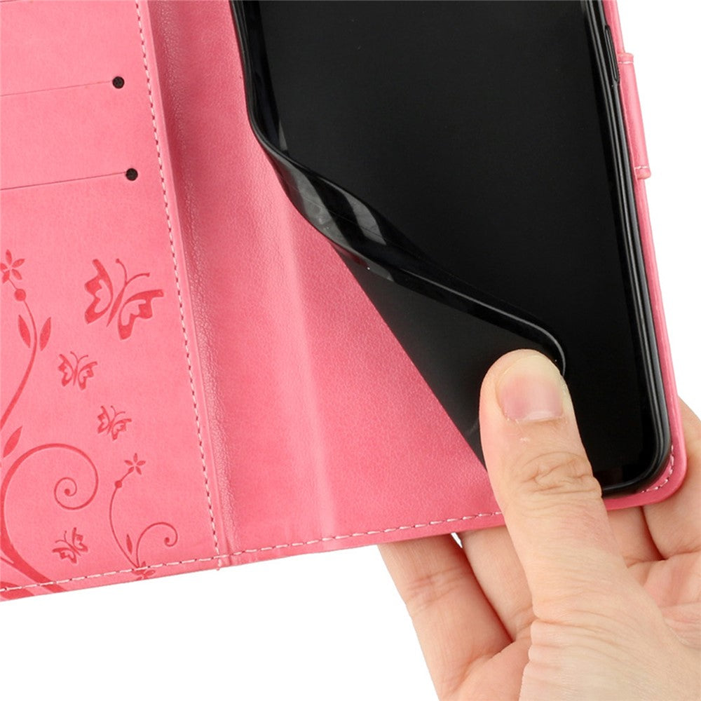 For iPhone 17 Pro Max Leather Wallet Case Butterfly Flower Imprinted Phone Cover with Strap - Pink