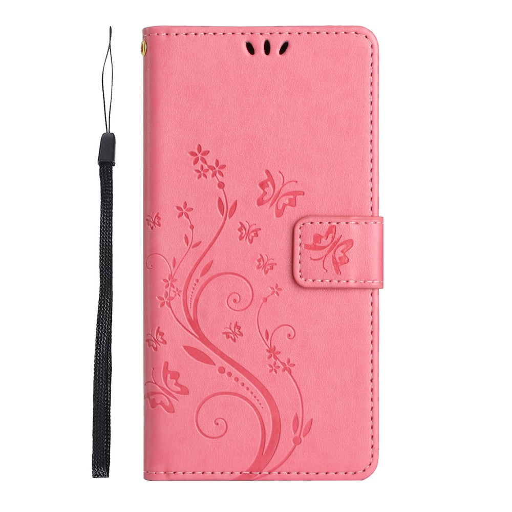 For iPhone 17 Pro Max Leather Wallet Case Butterfly Flower Imprinted Phone Cover with Strap - Pink
