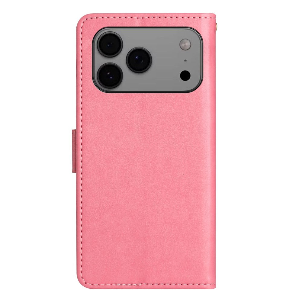 For iPhone 17 Pro Max Leather Wallet Case Butterfly Flower Imprinted Phone Cover with Strap - Pink