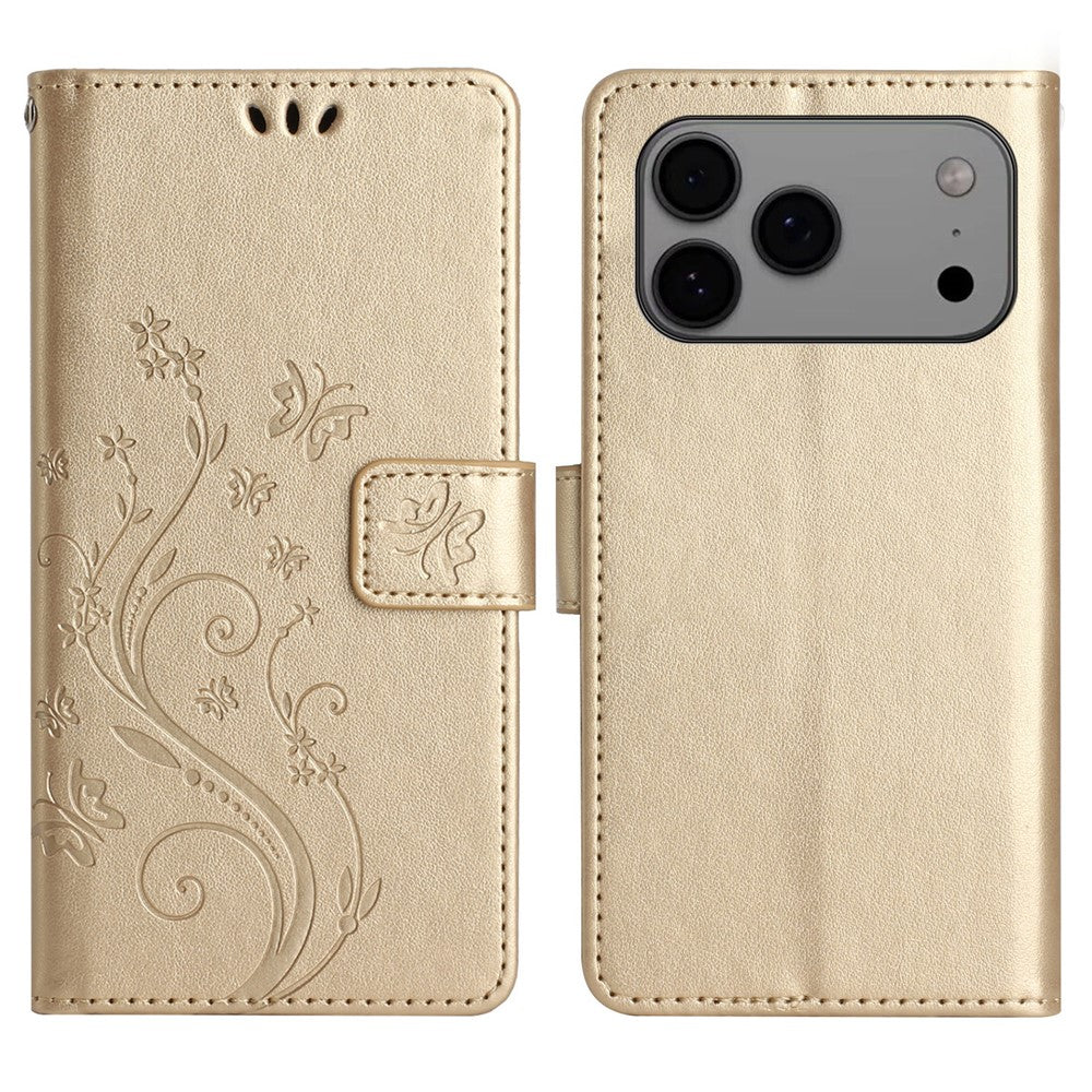 For iPhone 17 Pro Max Leather Wallet Case Butterfly Flower Imprinted Phone Cover with Strap - Gold