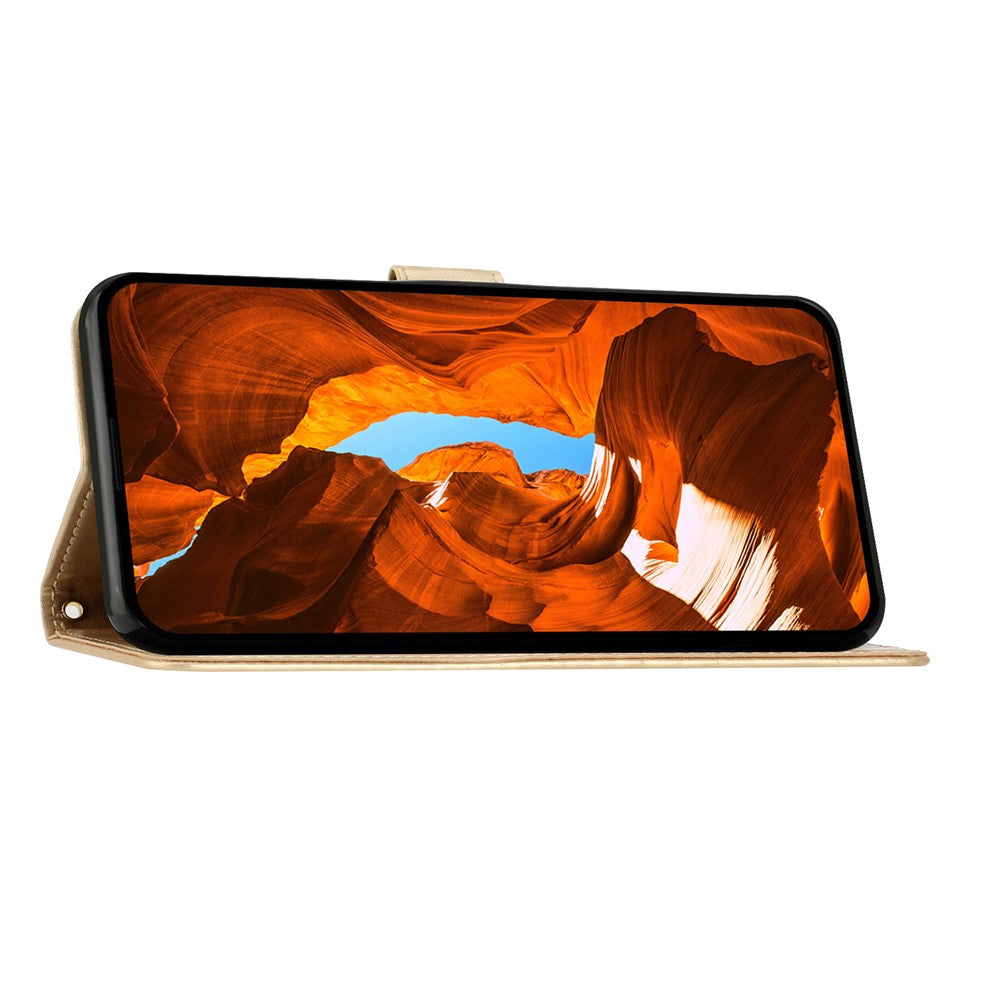 For iPhone 17 Pro Max Leather Wallet Case Butterfly Flower Imprinted Phone Cover with Strap - Gold