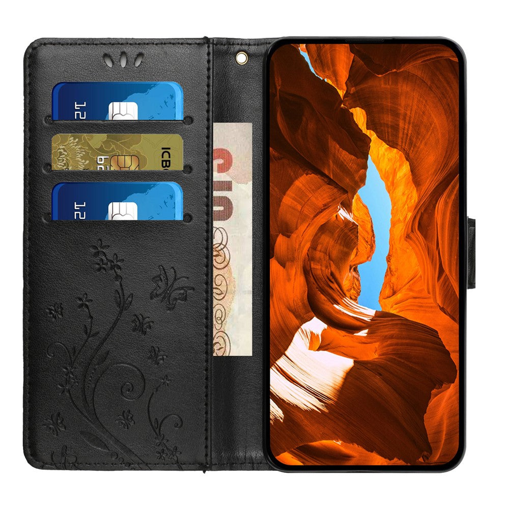 For iPhone 17 Pro Max Leather Wallet Case Butterfly Flower Imprinted Phone Cover with Strap - Black