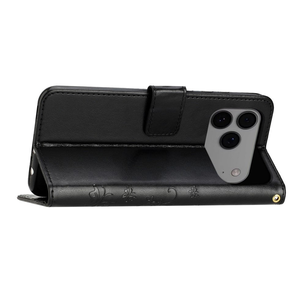 For iPhone 17 Pro Max Leather Wallet Case Butterfly Flower Imprinted Phone Cover with Strap - Black