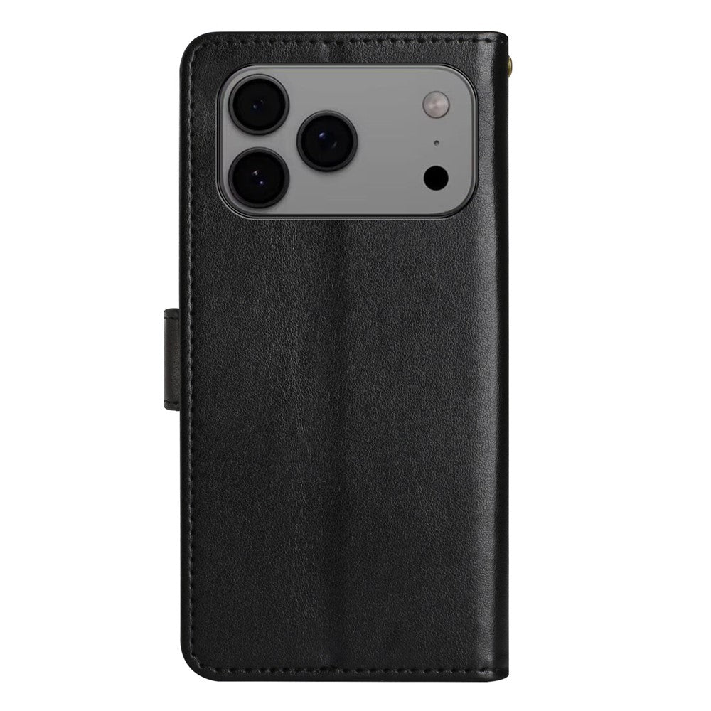 For iPhone 17 Pro Max Leather Wallet Case Butterfly Flower Imprinted Phone Cover with Strap - Black