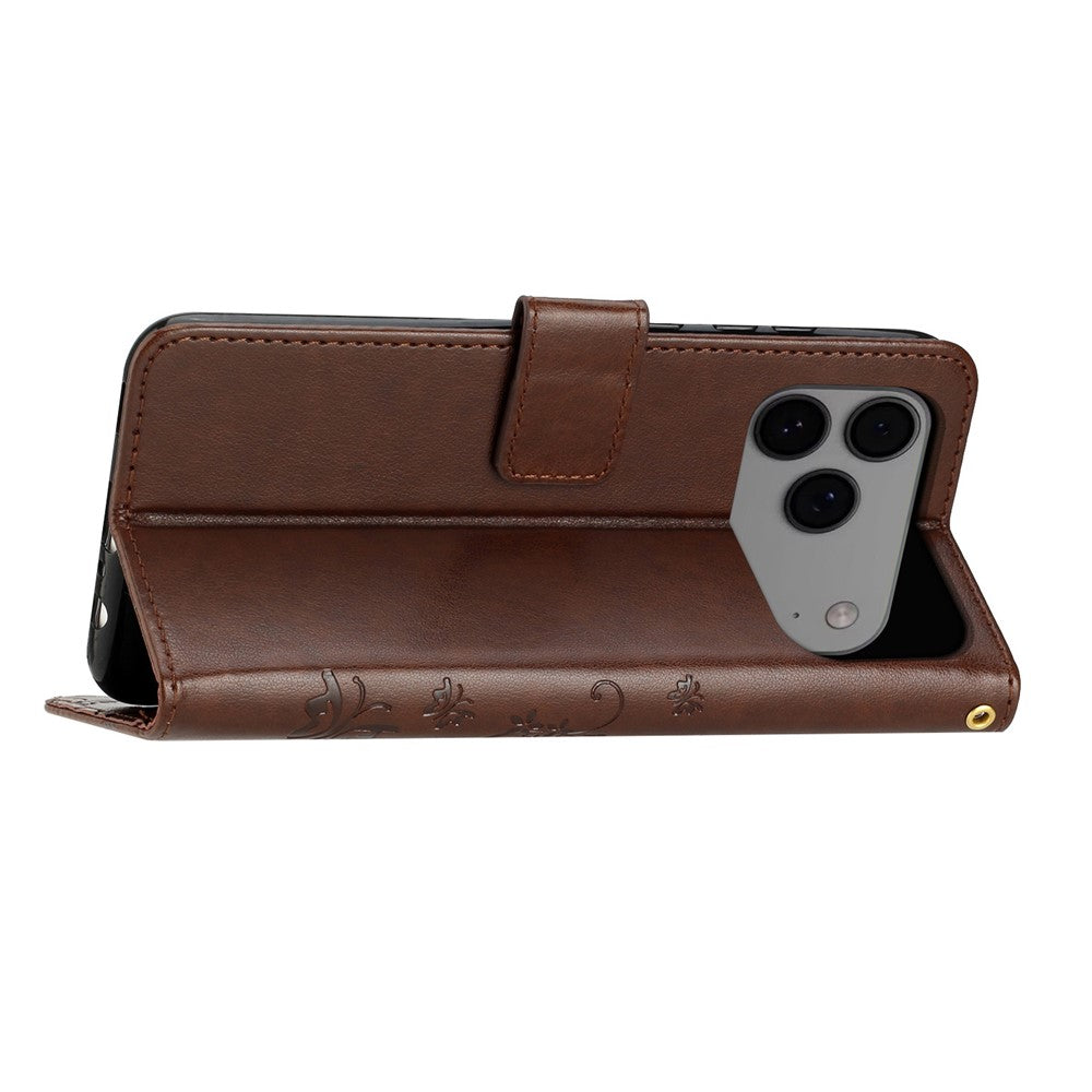 For iPhone 17 Pro Max Leather Wallet Case Butterfly Flower Imprinted Phone Cover with Strap - Brown