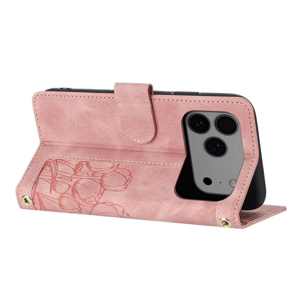 For iPhone 17 Pro Max Case Tulip Leather Phone Cover with 5 Card Slots Wallet - Pink