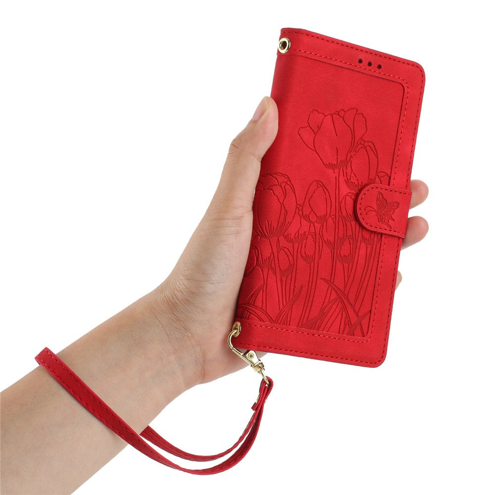 For iPhone 17 Pro Max Case Tulip Leather Phone Cover with 5 Card Slots Wallet - Red