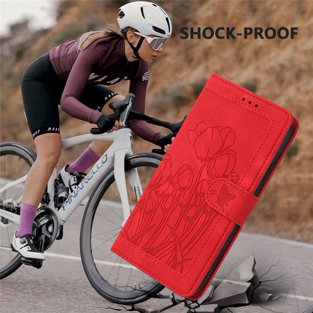 For iPhone 17 Pro Max Case Tulip Leather Phone Cover with 5 Card Slots Wallet - Red