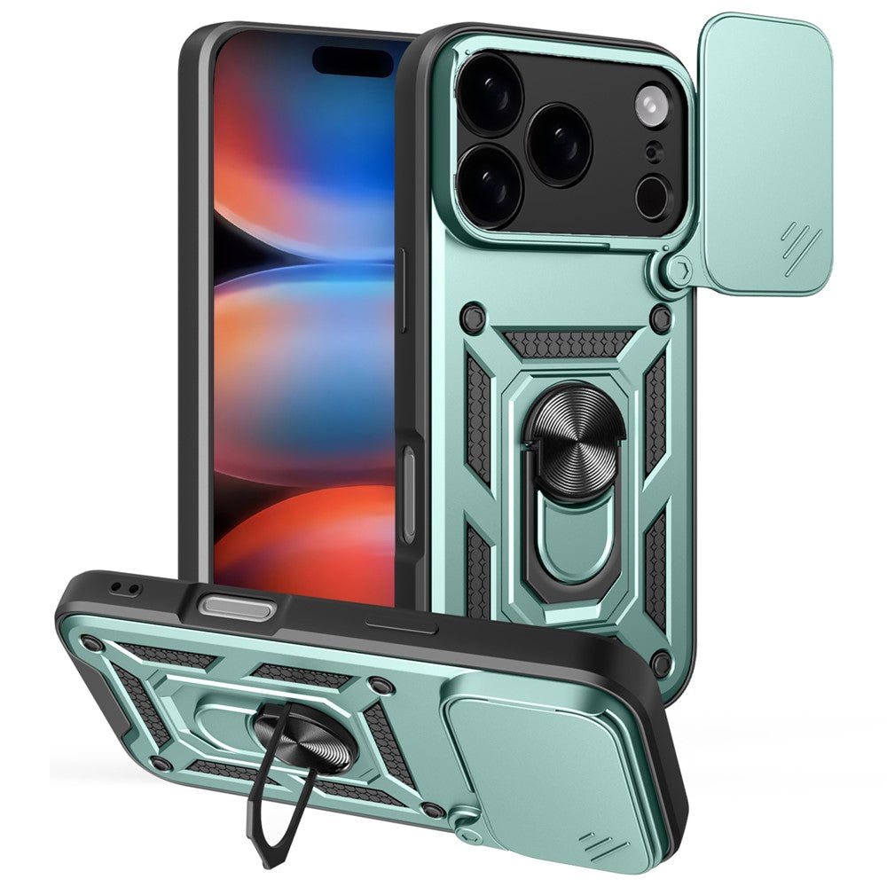 For iPhone 17 Pro Max Case with Slide Camera Lid PC + TPU Kickstand Phone Cover - Green