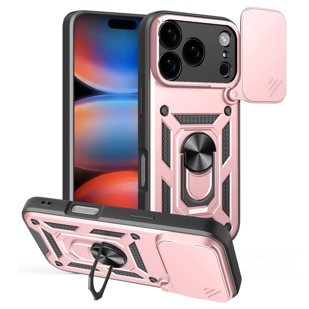 For iPhone 17 Pro Max Case with Slide Camera Lid PC + TPU Kickstand Phone Cover - Rose Gold
