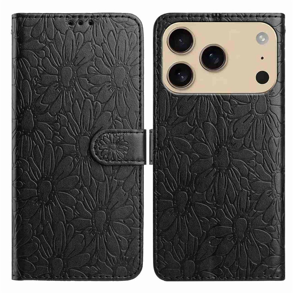 For iPhone 17 Pro Max Leather Case Daisy Imprint Wallet Stand Phone Protective Cover - Black