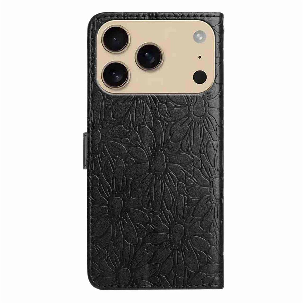 For iPhone 17 Pro Max Leather Case Daisy Imprint Wallet Stand Phone Protective Cover - Black