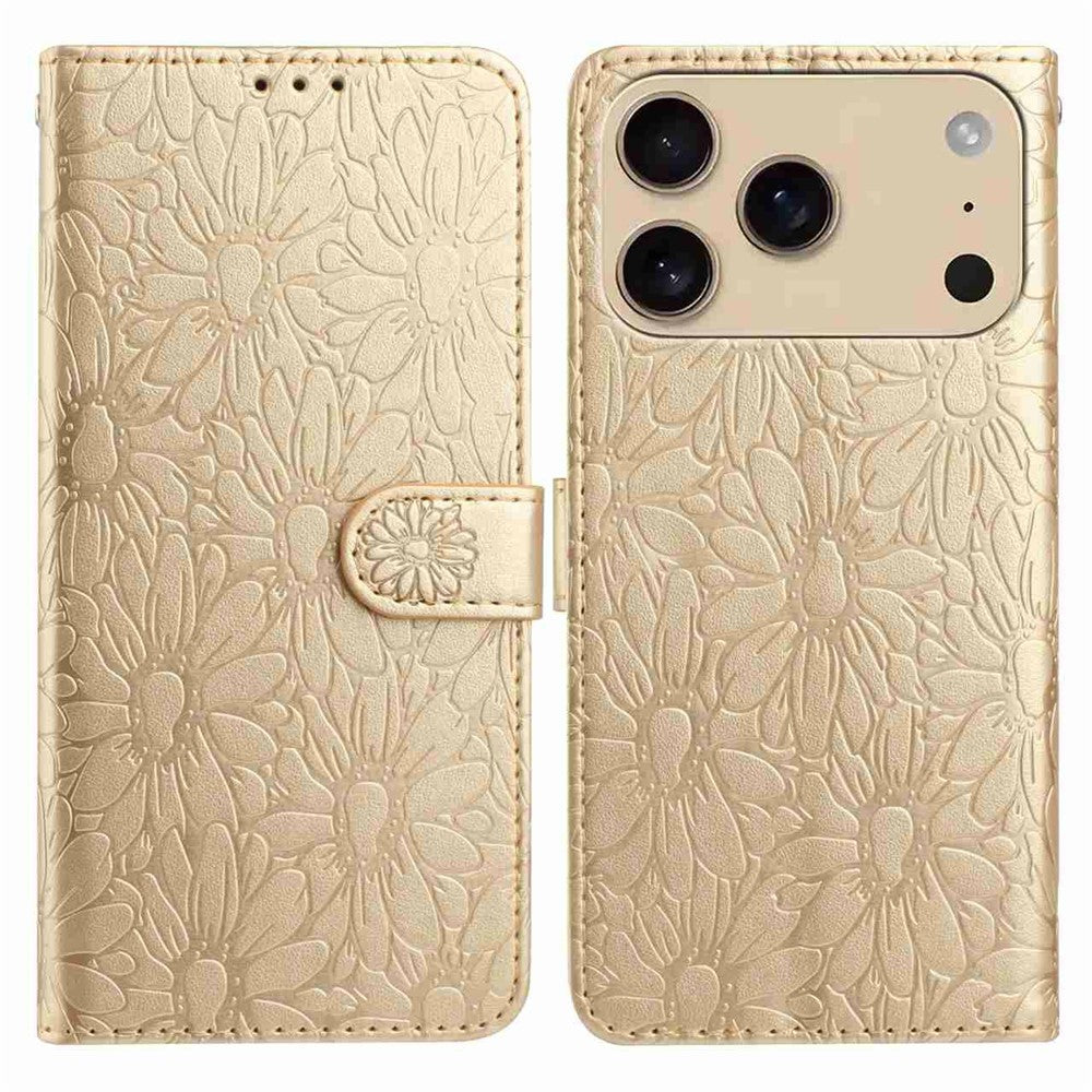 For iPhone 17 Pro Max Leather Case Daisy Imprint Wallet Stand Phone Protective Cover - Gold