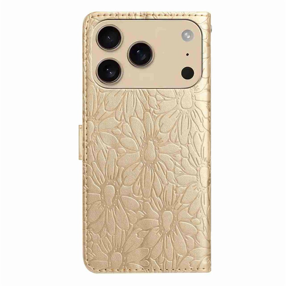 For iPhone 17 Pro Max Leather Case Daisy Imprint Wallet Stand Phone Protective Cover - Gold
