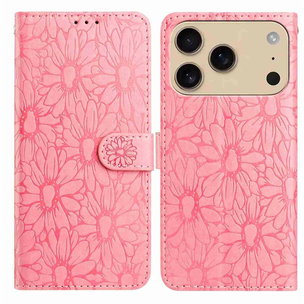 For iPhone 17 Pro Max Leather Case Daisy Imprint Wallet Stand Phone Protective Cover - Pink