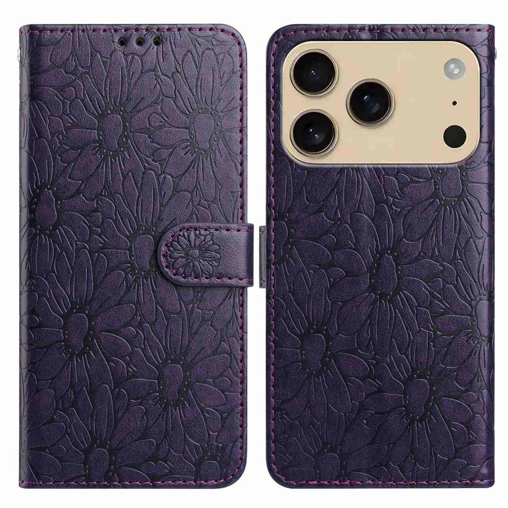 For iPhone 17 Pro Max Leather Case Daisy Imprint Wallet Stand Phone Protective Cover - Dark Purple