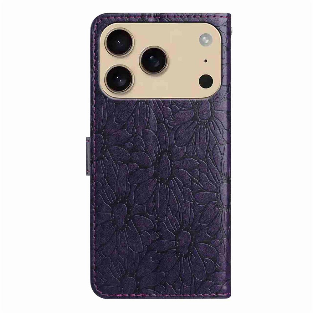 For iPhone 17 Pro Max Leather Case Daisy Imprint Wallet Stand Phone Protective Cover - Dark Purple