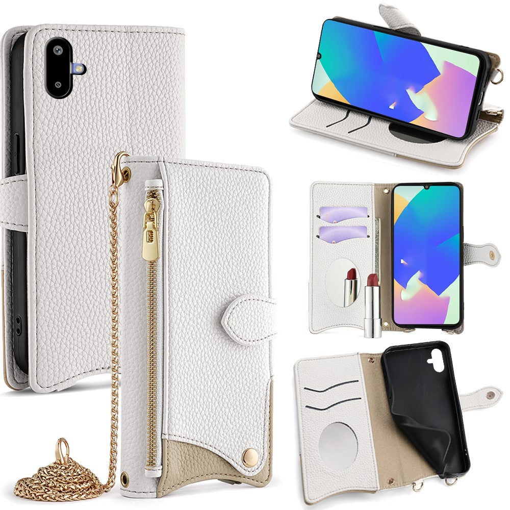 For Samsung Galaxy F06 5G Leather Case Wallet Stand Cover Irregular Tail Style with Chain Strap - White