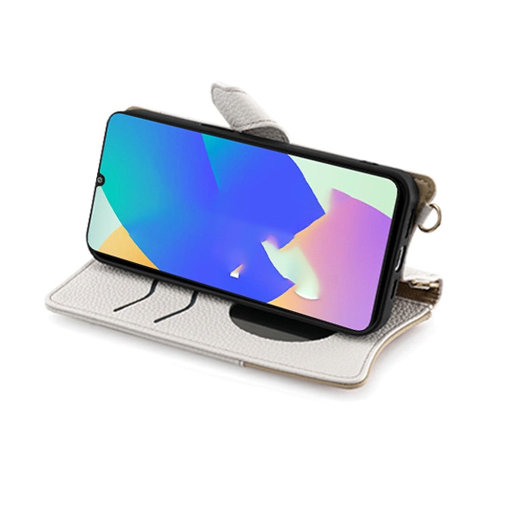 For Samsung Galaxy F06 5G Leather Case Wallet Stand Cover Irregular Tail Style with Chain Strap - White