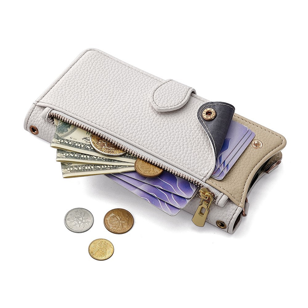 For Samsung Galaxy F06 5G Leather Case Wallet Stand Cover Irregular Tail Style with Chain Strap - White