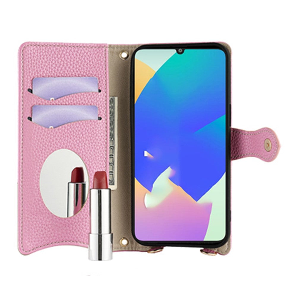 For Samsung Galaxy F06 5G Leather Case Wallet Stand Cover Irregular Tail Style with Chain Strap - Pink