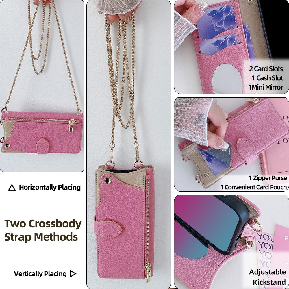 For Samsung Galaxy F06 5G Leather Case Wallet Stand Cover Irregular Tail Style with Chain Strap - Pink